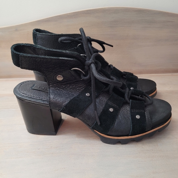 Sorel Womens Addington Black Leather Lace up Studded Heeled Sandals Size 7 Black - Picture 6 of 12